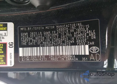 2015 Toyota Corolla Le from USA, damaged, VIN 2T1BURHE7FC359829